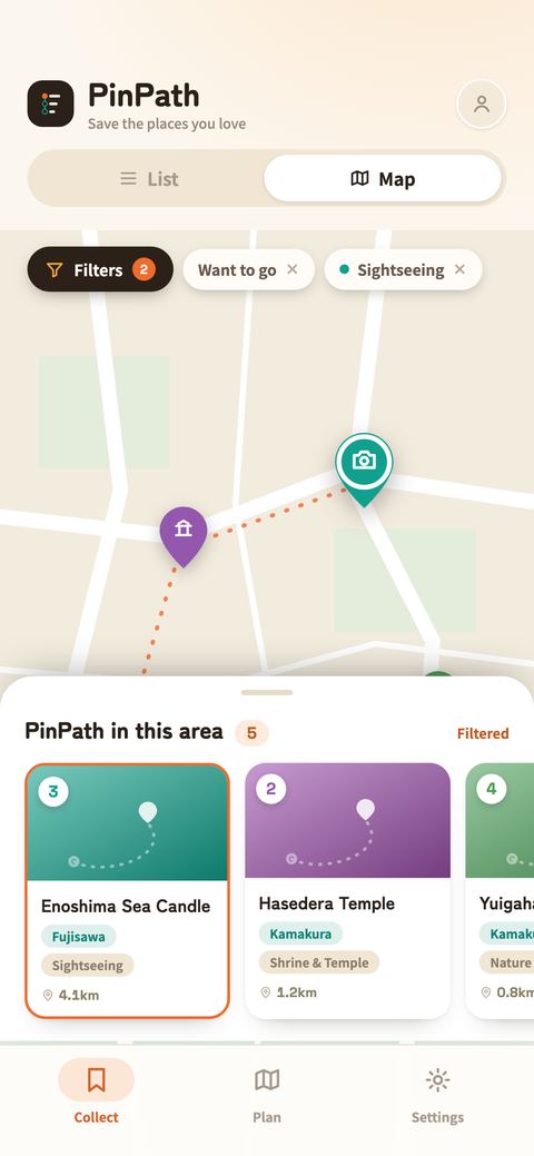 The map view: pins colored by category, a Filters button and active filter pills floating above the map, and numbered place cards below.