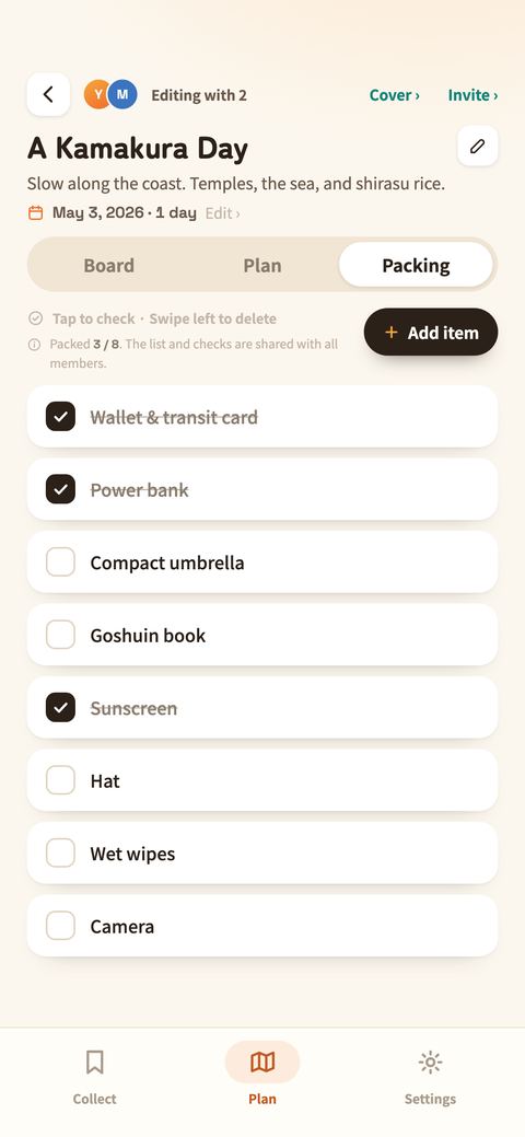 The Packing tab of a plan: items listed down the screen, packed ones struck through with a dark check, and "Packed 3 / 8" with an Add item button above.