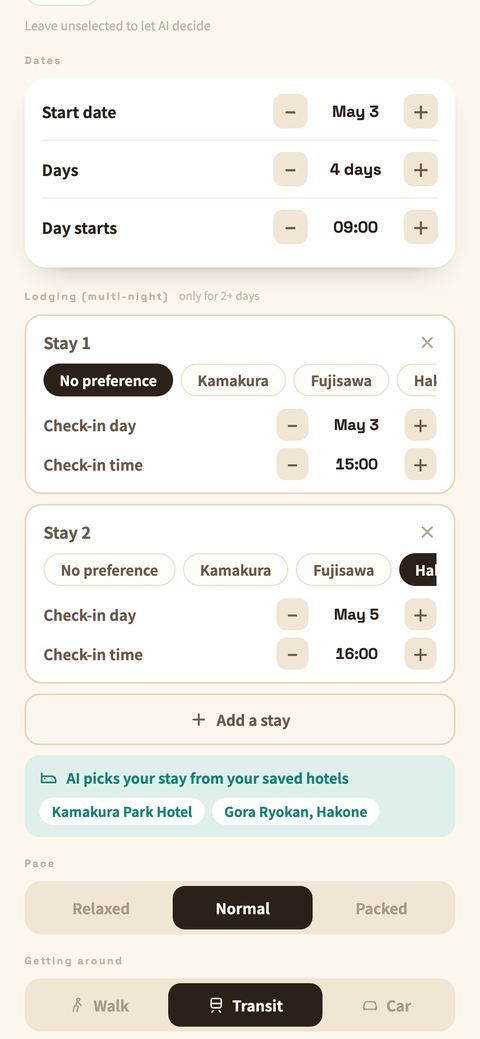 The auto-plan sheet: check-in date and time for each stay, stays picked from your saved hotels, pace, and how you get around.