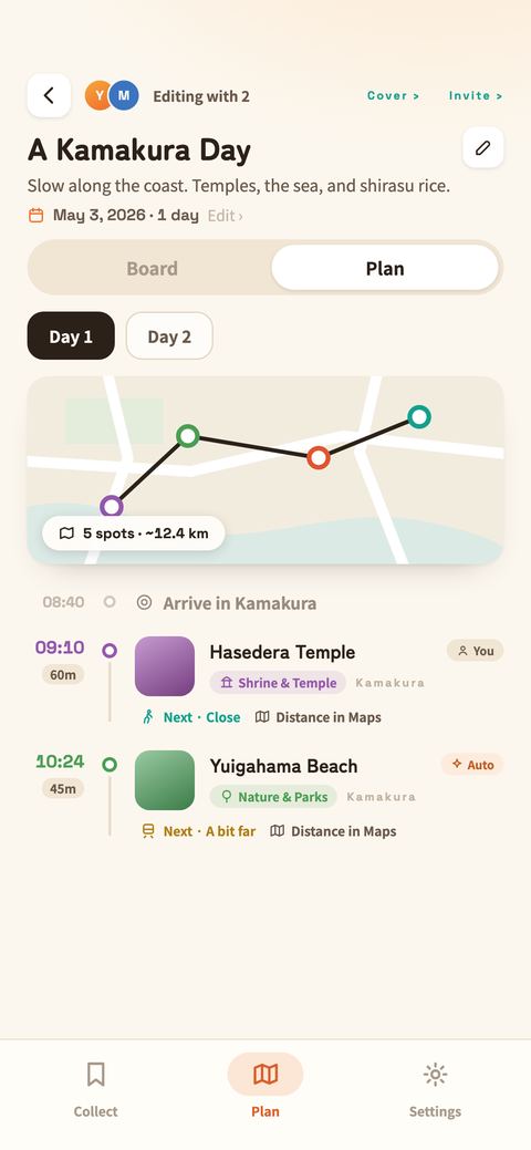 The Plan view: a map of the day's route, arrival times, stay lengths, who added each stop, and Distance in Maps for the next leg.