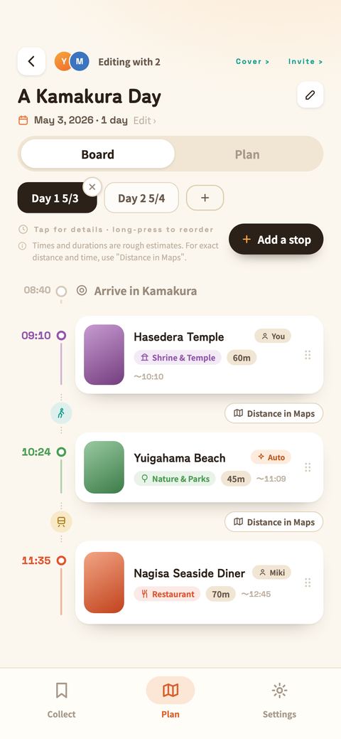 The board: day one's stops with arrival times and stay lengths, and the travel mode and Distance in Maps between them.