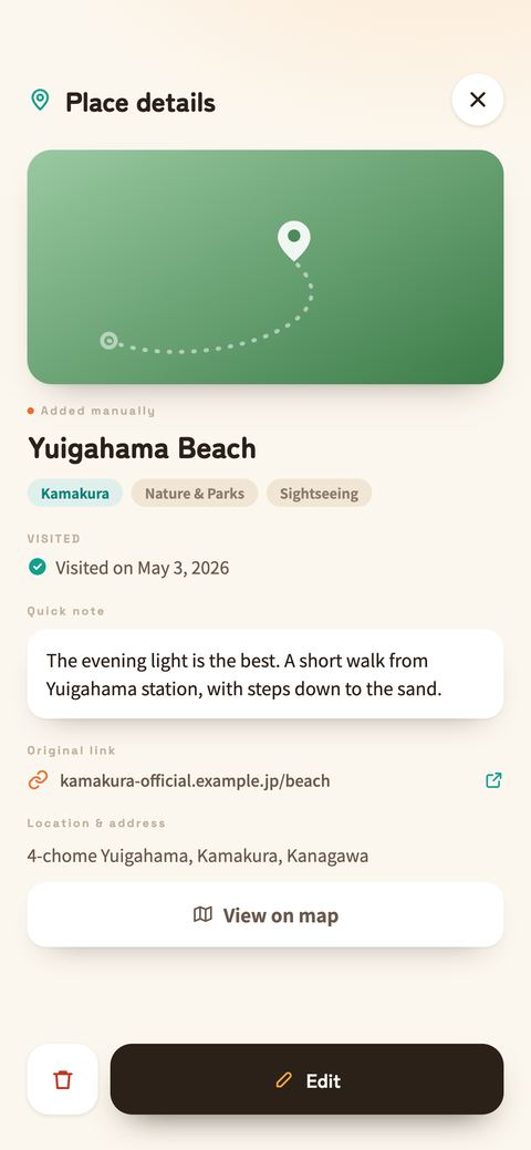 Place details: a Visited on May 3, 2026 check, a quick note, the original link, the address, and a view-on-map button.